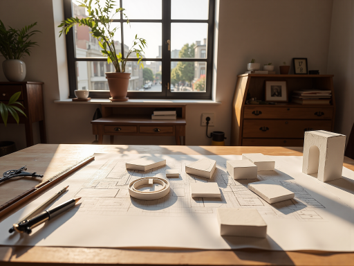 智能家居产品设计过程，设计师在工作室中绘制草图，桌上摆放着各种设计工具和产品原型，温暖灯光