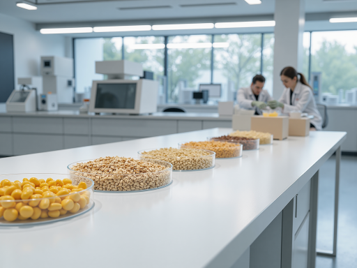 健康食品研发过程，实验室中科研人员正在进行产品测试，显微镜和实验器材整齐排列，专业工作环境