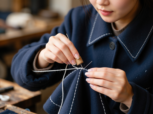时尚服饰制作工艺，裁缝师正在精细缝制服装，手工制作细节，传统工艺与现代设计结合