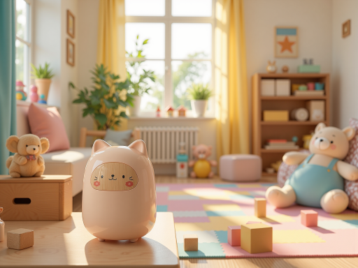 母婴用品设计理念，温馨的儿童房环境中展示产品，柔和光线，家庭温馨氛围